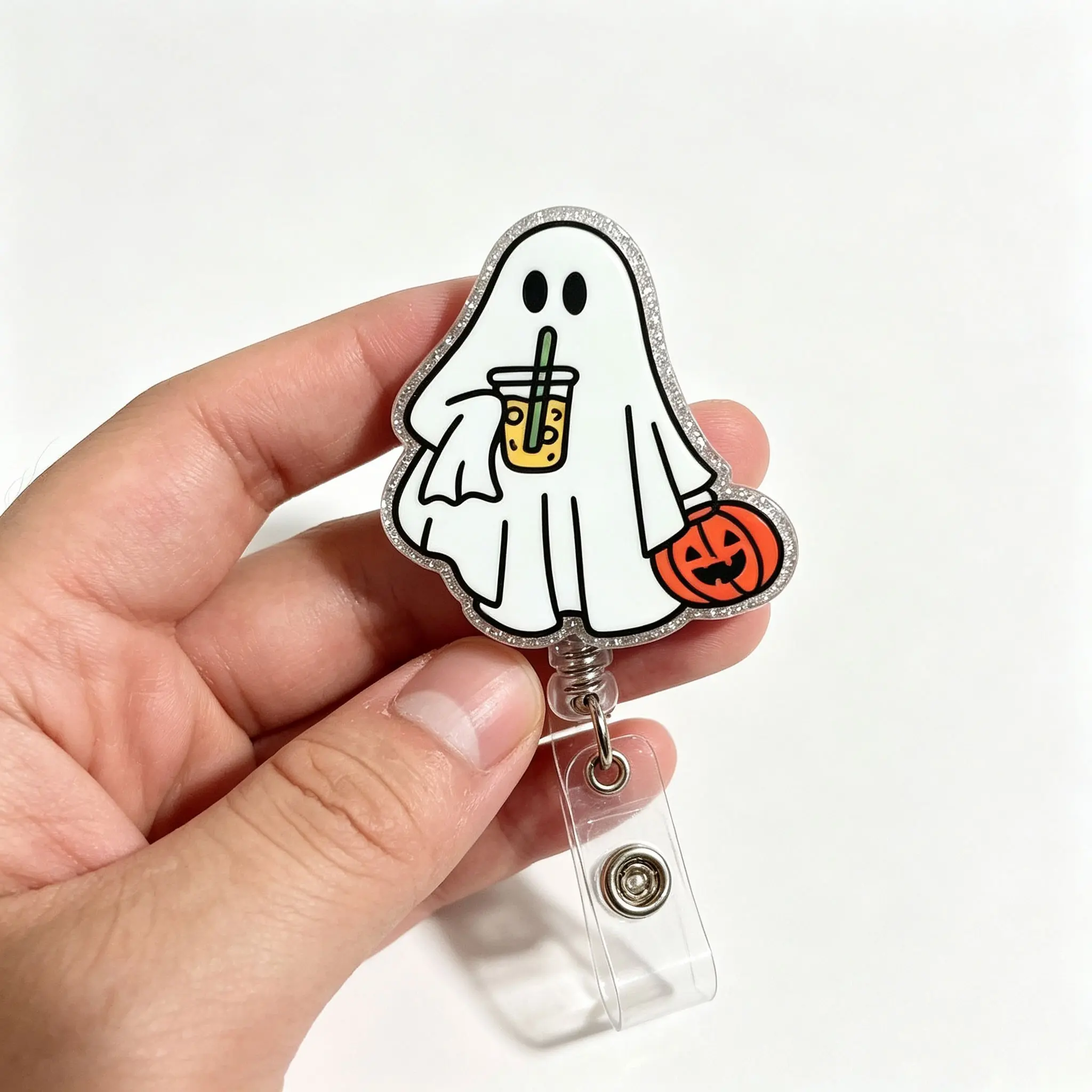 Glitter Cute Ghost Drinking Coffee Halloween Retractable Badge Reel, Acrylic ID Badge Clip, Spooky Fall Gift for Nurses, Teachers, Coffee Lovers