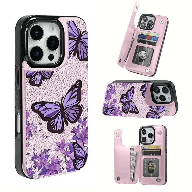 Dreamy purple butterfly card holder phone case.This practical TPU phone case features a patterned design and includes a card slot function,capable of holding bank cards, bus cards,and various other cards.Suitable for iPhone 17/16/15/14/13/12.