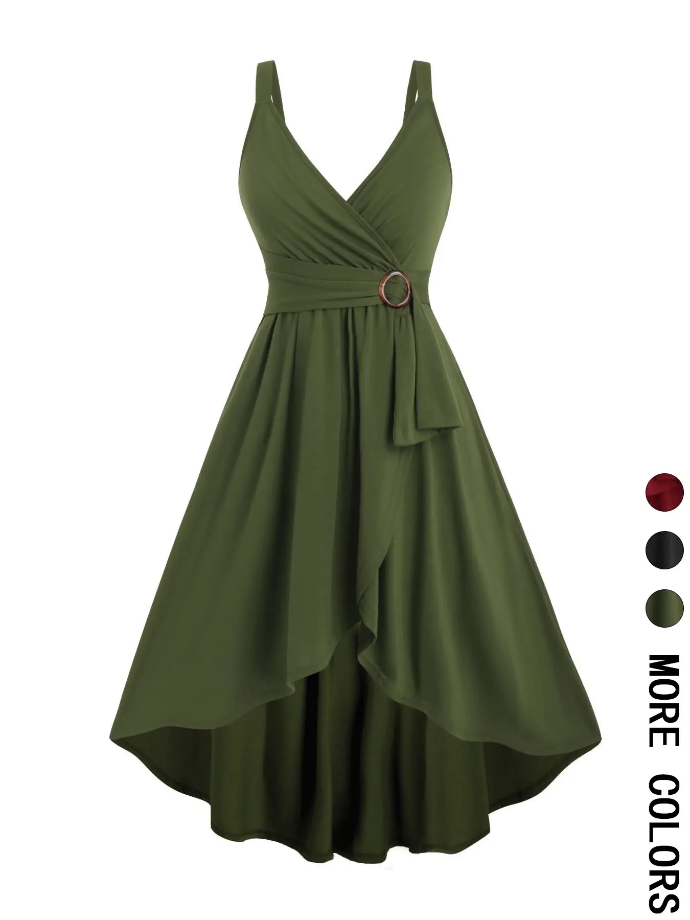 Wrap V-Neck Sleeveless Dress with Waist Buckle Detail, High-Low Hem Flared Midi Dress with Tie Waist, Elegant A-Line Dress for Casual, Party and Evening Formal Wear