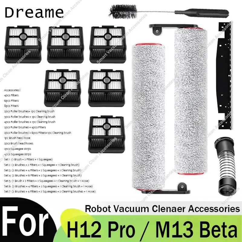 Dreame H12 Pro / H12 Plus / H12 Pro Plus Mix/ H12 Dual/ M13 Beta Accessories Replacement Wet & Dry Home Vacuum Cleaner Spare Parts Roller Brush Cover Hepa Filter Replacements Scraping strip Hose Accessories