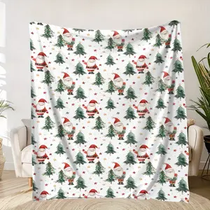 Traditional Christmas Flannel Throw Blanket - Wrinkle-Resistant, Soft, Warm, Breathable, All-Seasons, Santa & Trees Design - Ideal for Home Decor, Naps - Perfect Holiday Gift for Loved Ones