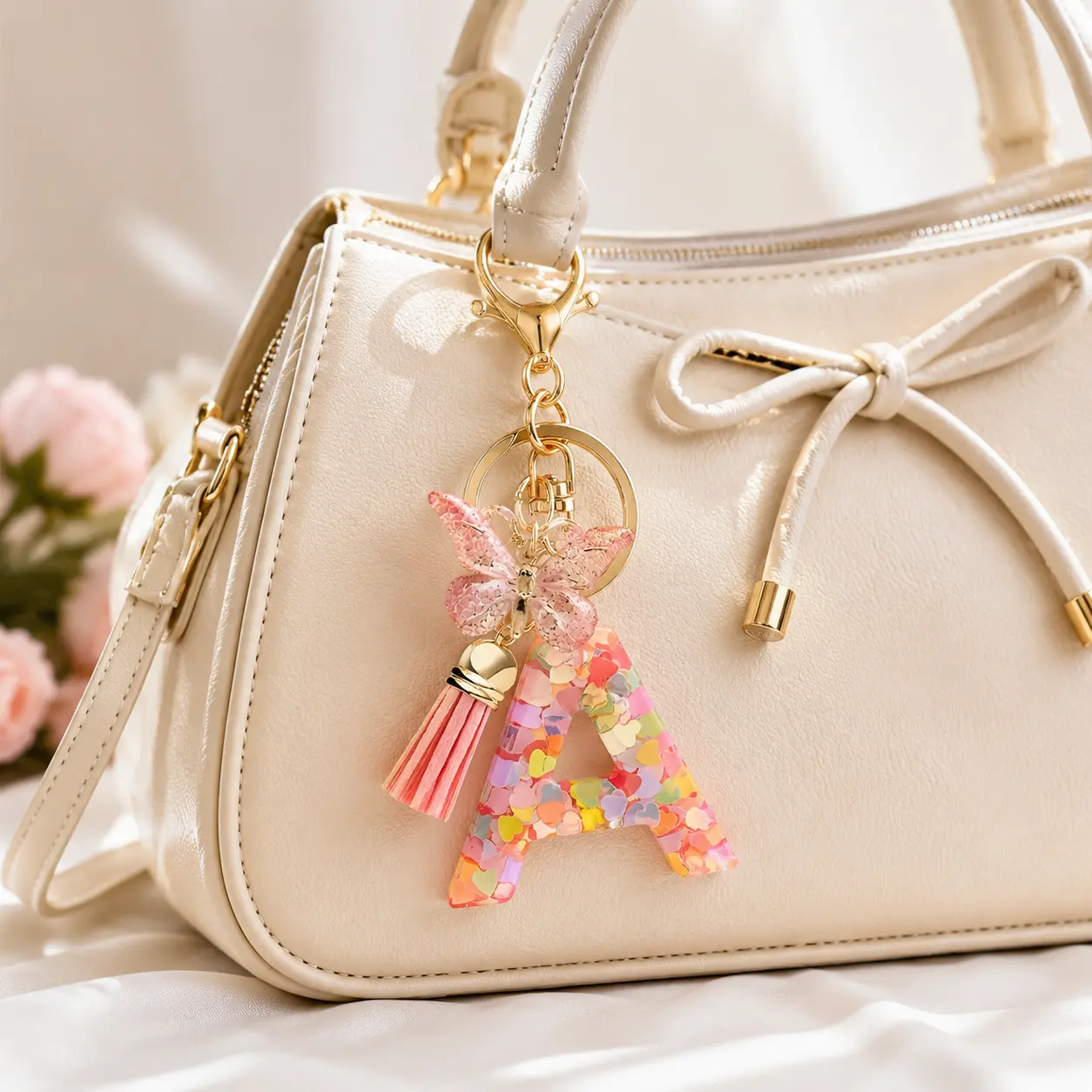 Women's Cute Initial Letter Keychain - Pink Alphabet Key Ring with Heart Sequin, Butterfly Charm, Tassel Pendant - Personalized DIY Bag Accessory for Handbags, Backpacks - Trendy Gift for Girls, Keychains, Bag Charms, Backpack Accessories, Mini Bag Access