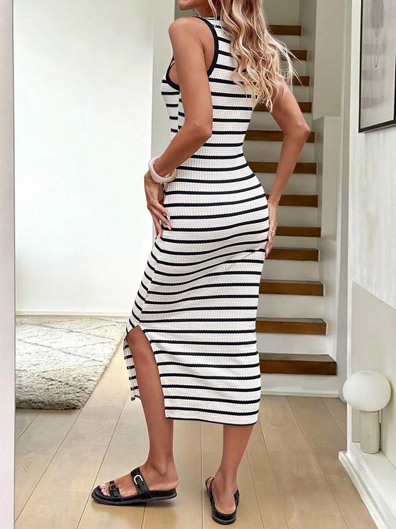 Trendy Striped Sleeveless Dress for Women, Slim Fit Casual Knit Round Neck Long Dress, Stylish Chic Color Block Design