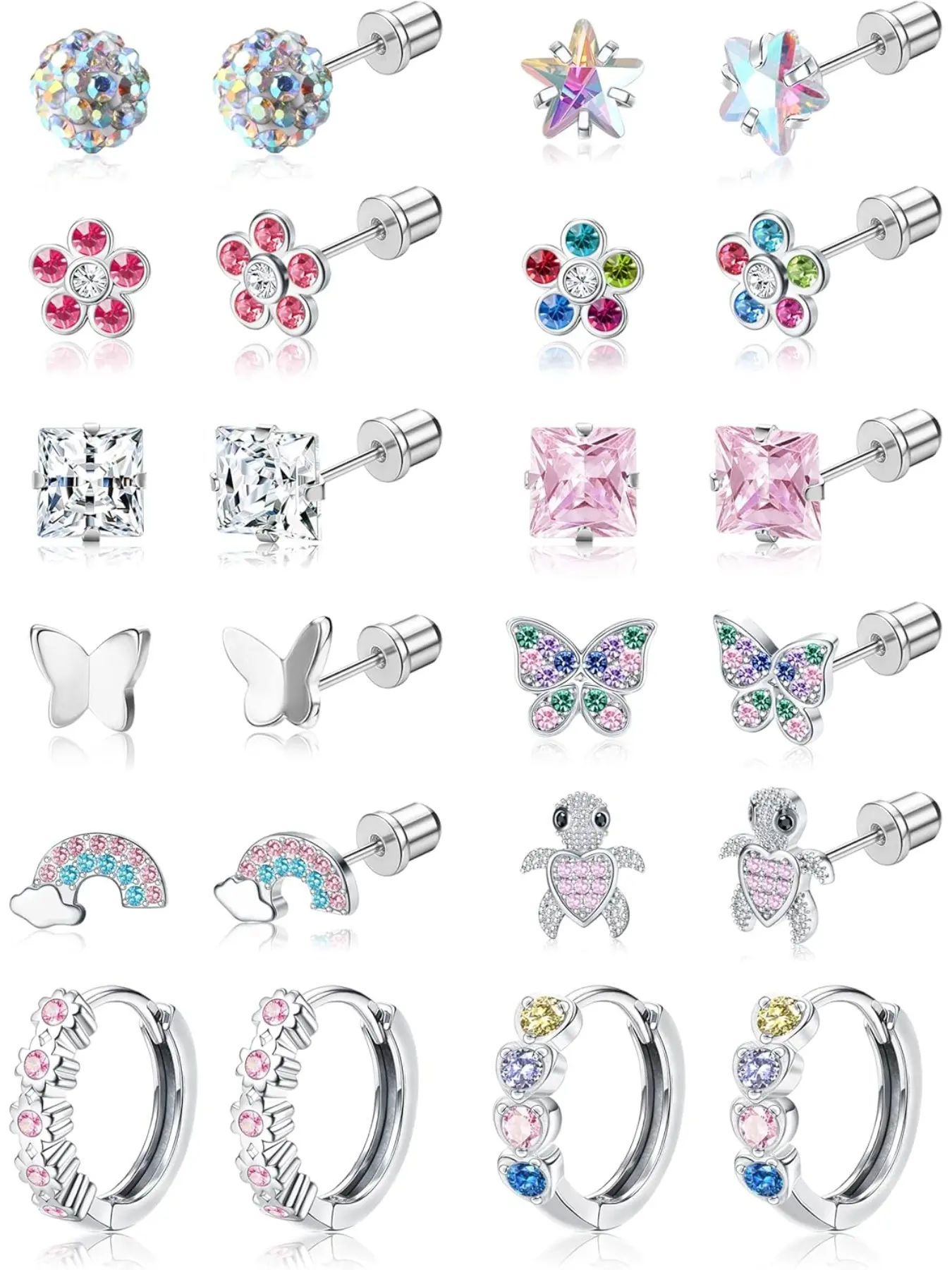 Hypoallergenic Stainless Steel Earrings for Girls Kids Women - 12 Pair Screw Back Earrings for Sensitive Ears Cute Flower Butterfly Toddler Stud Hoop Earrings Screwback Girl Earrings Cute Jewelry