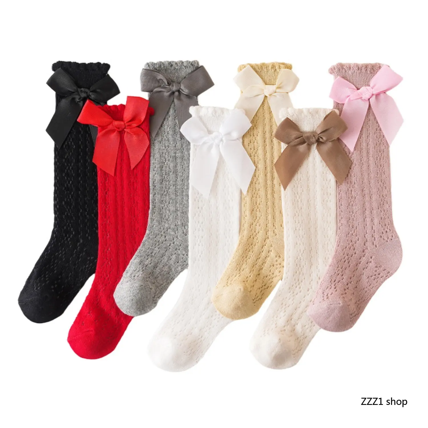 Girls Knee High Socks 6-Pack, Toddler Breathable Mesh Hollow Out Long Socks with Bow, Soft Thin Cotton Frill Ruffle High Tube Stockings for Summer Casual Daily Wear
