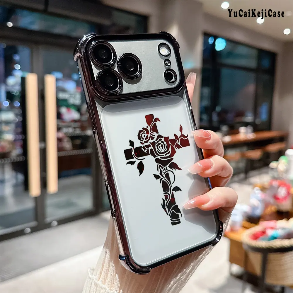 Floral Cross with Roses Print Soft Four corners anti-fall electroplated Phone Case for iPhone 16 16e 17 Air 15 14 13 12 11 Pro Max Plus X XS Four-corner Thickened Shockproof Drop Protection Rugged Durable Silicone Cover