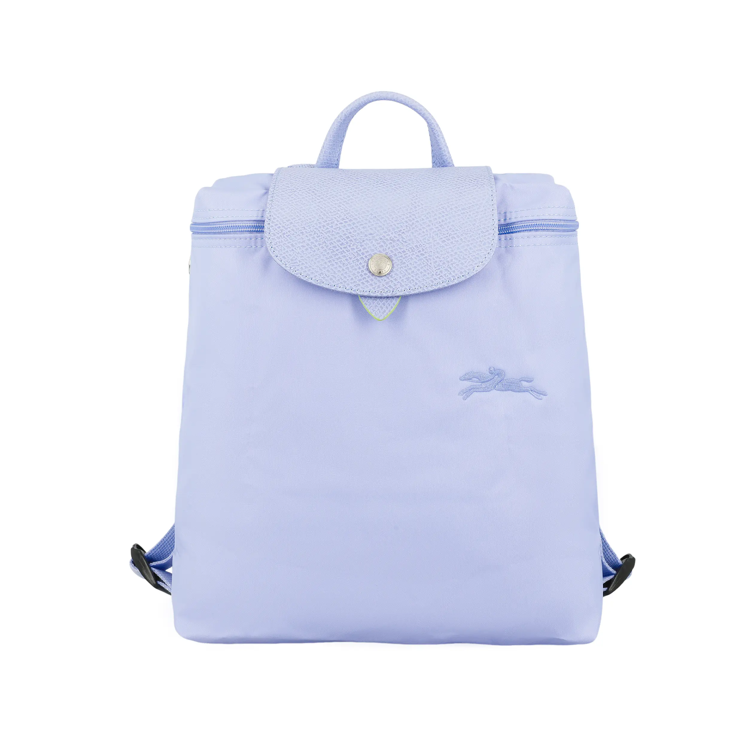 Longchamp Le Pliage Green 26 Foldable Backpack for Women, Embroidered Logo, Calfskin Trim, Blue