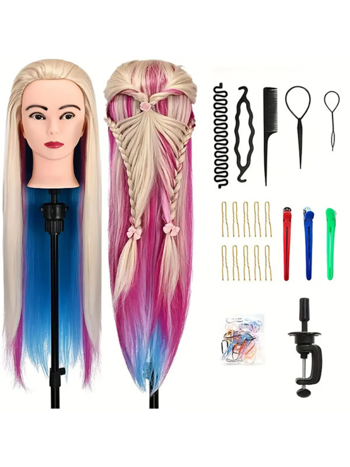 Synthetic Hair Styling Training Mannequin Head with DIY Set, Table Clamp & Mannequin Head Stand, Ideal for Makeup Artists, Teen Girls, Hairdressers, Creative Practice