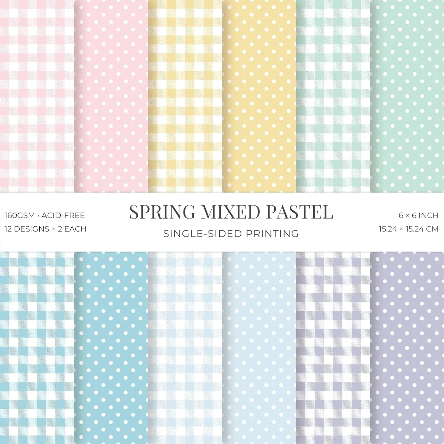 24 Sheets  Spring Pastel Essential Patterns Scrapbook Paper Pad - 6x6 inch 160GSM Heavyweight Cardstock, Single-Sided Polka Dot, Gingham Designs for Card Making, DIY Crafts, DIY Album, Journaling