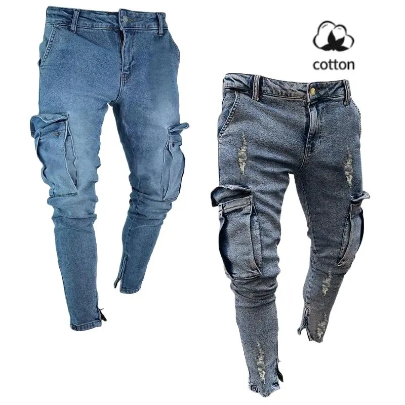 Men's High Cotton Slim Fit Cargo Skinny Jeans, Vintage Washed Distressed Denim Pants with Side Pockets, Streetwear Biker Style Stacked Jeans with Ankle Zippers for Men
