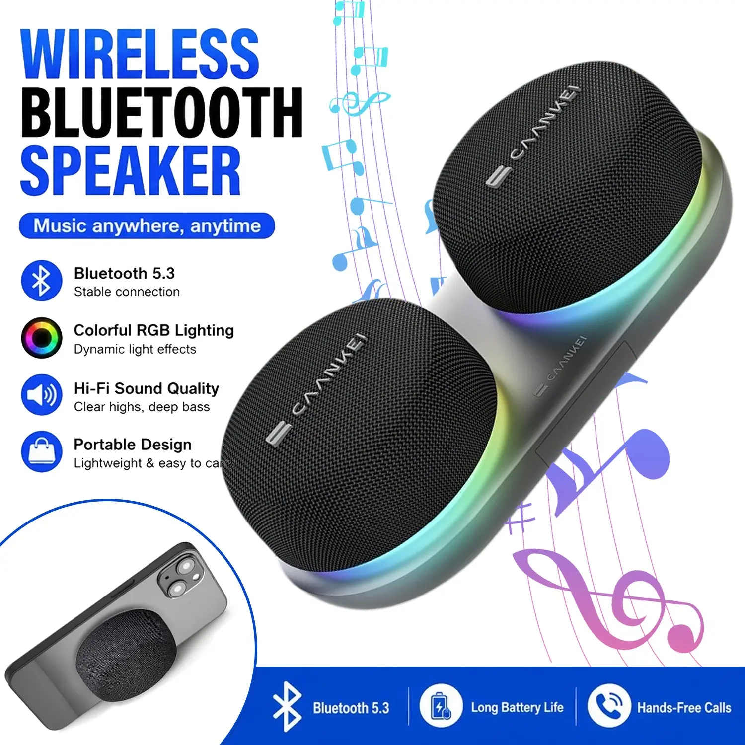 Magnetic Dual Bluetooth-compatible Speaker Set, Magnetic Base and Phone Stand, TWS Stereo, 10 Hours Battery Life, RGB Music Sync Lights, Home Theater Essential