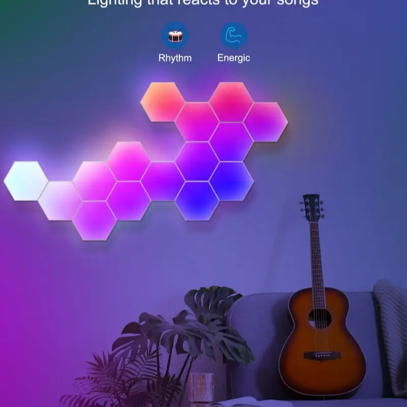 Hexagonal LED wall lamp, RGB gaming light, with APP and remote control functions, adjustable brightness, music synchronization. Honeycomb-shaped hexagonal lights, suitable for bedroom, living room, gaming, KTV, and bar decoration lighting.