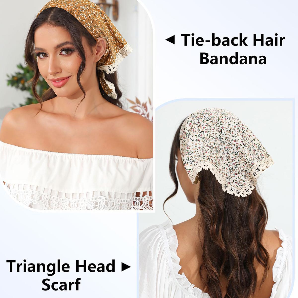 AWAYTR 3Pcs/Set Flower Printed Hair Bandanas Headbands Solid Color Chiffon Head Kerchief for Women Girls Bohemian Hair Scarf Floral Lace Edge Headband Bandana