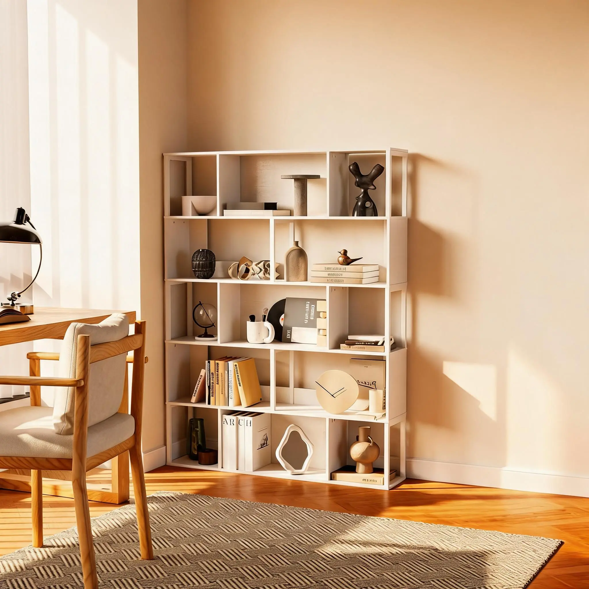 5-Tier Tall Geometric Bookshelf, Modern Room Divider & Display Shelf with Anti-Tipping Devices, Mid Century Bookcase for Home Office, 74" H
