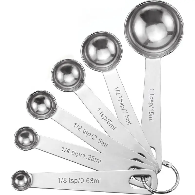 Sturdy Round Stainless Steel Measuring Spoons - 6-Piece Heavy-Duty Nesting Kitchen Utensils with US and Metric Marks for Cooking, Baking