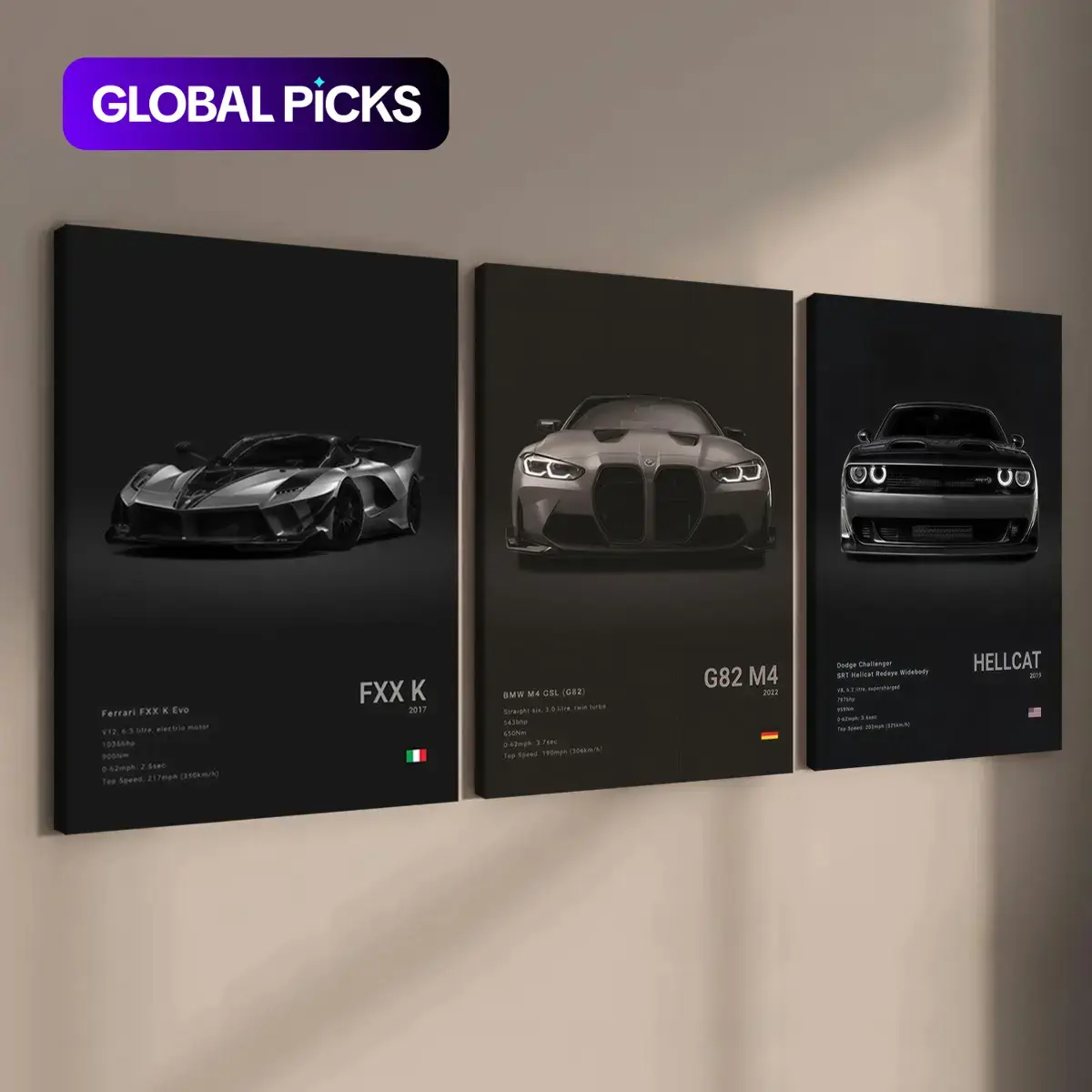 Set of 3 Wooden-Framed Supercar Canvas Prints, Triple Canvas Painting, Car-Themed Wall Art for Men's Bedroom or Living Room, Ideal Gift for Automotive Enthusiasts #GLOBAL PICKS