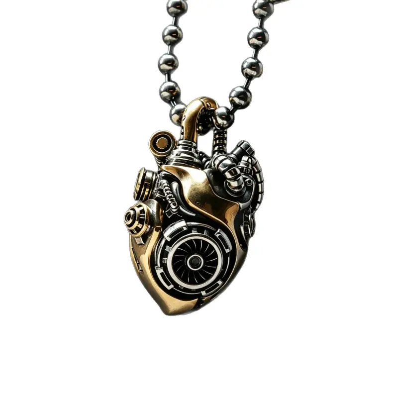Two Tone Copper Silver Mechanical Heart Pendant Necklace For Men Vintage Steampunk Gear Pipe Sculpted Charm Black Ball Bead Chain Industrial Gothic Streetwear Statement Jewelry Gift Steampunk Jewelry Industrial Pendant Streetwear Necklace Gothic Accessory