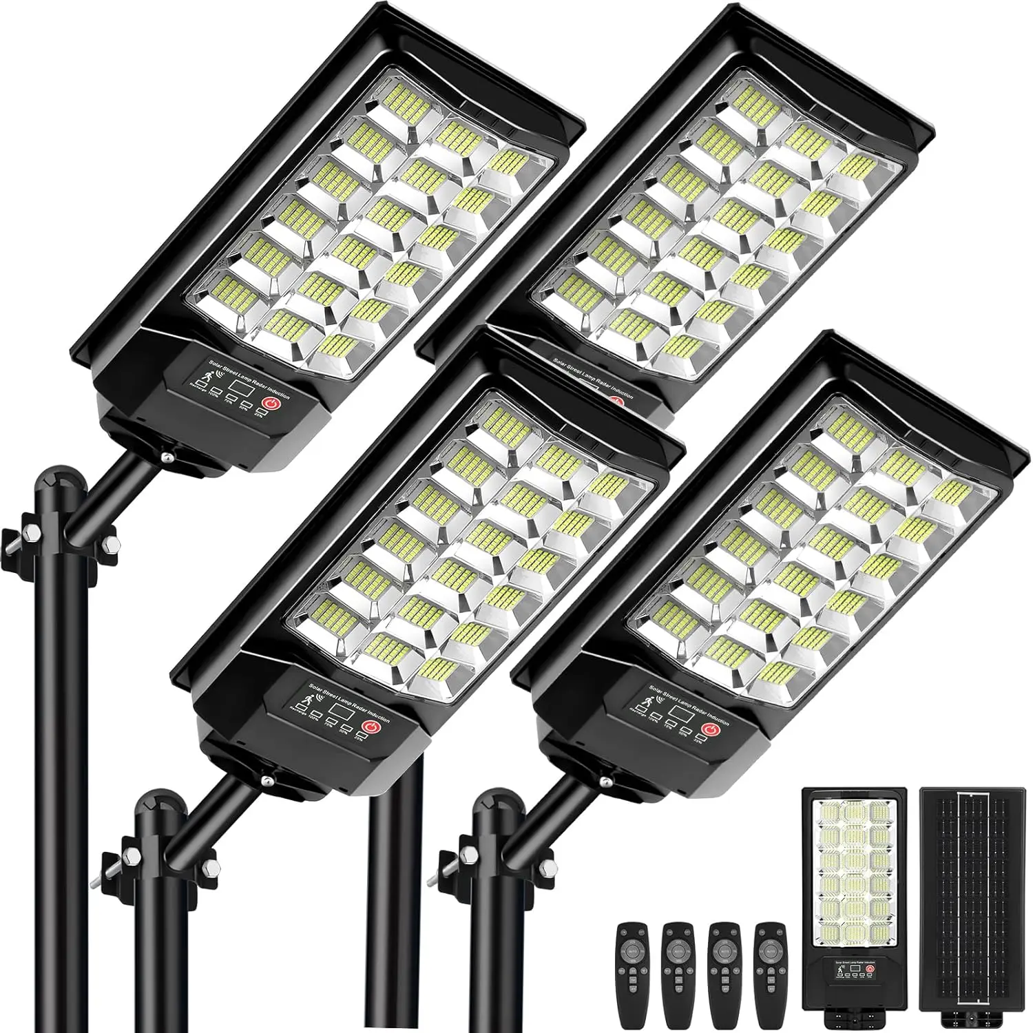 4 Pack Solar Street Lights Outdoor, Motion Sensor LED Flood Light, , 6500k Dimmable  Lamps with Remote Control, IP66  Solar  Parking Lot Lights