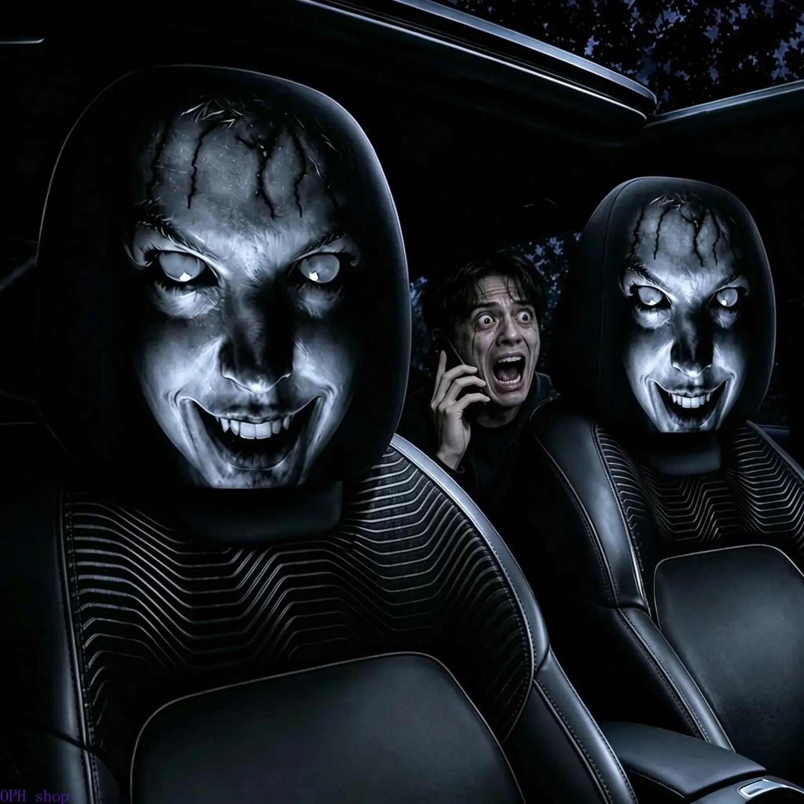 Unisex Halloween Polyester Double-Sided Car Headrest Cover - Elastic Stretch, Universal Fit, Washable, Scary Effect Terrifying Ghostly Smiling Face Auto Interior Seat Protector Prank Accessory, Horror