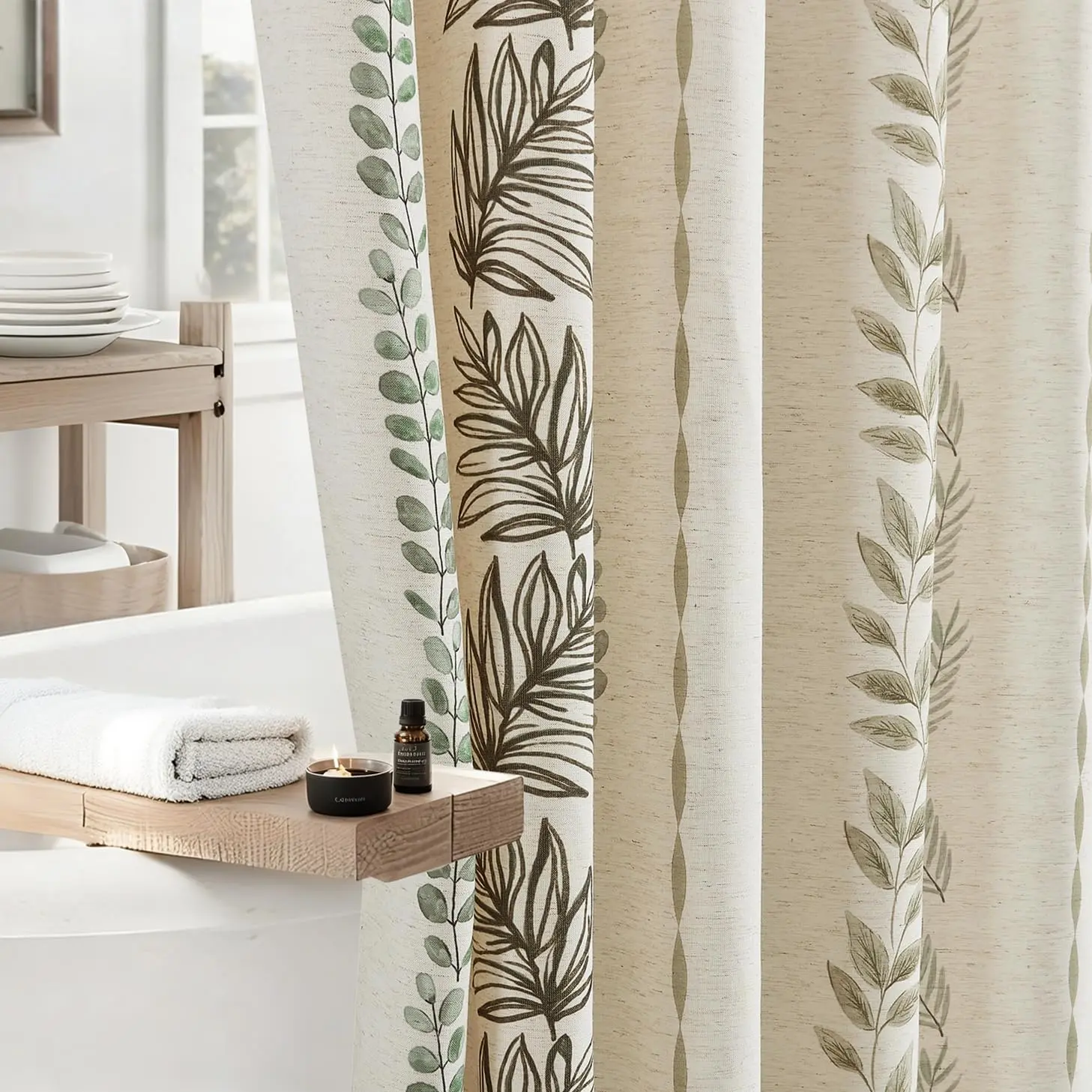 ORTIGIA Linen Shower Curtain with Metal Hooks, Sage Green Leaf Botanical Waterproof Natural Linen Shower Curtains for Rustic Farmhouse Bathroom Decor, 72x72 in