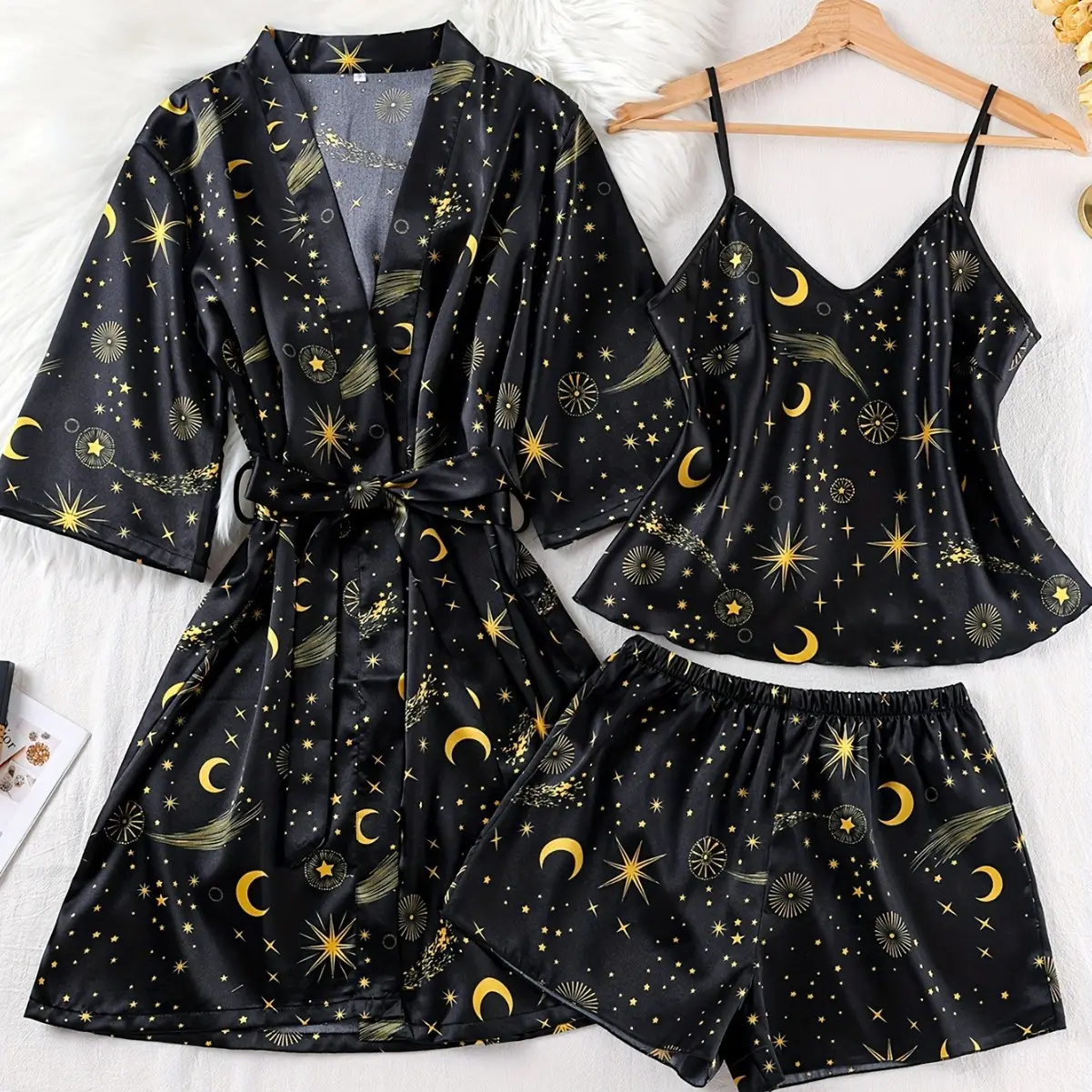 Women’s Star & Moon Print Satin Pajama Set, Icy Silk Slip Dress With Matching Robe Wearable Loungewear