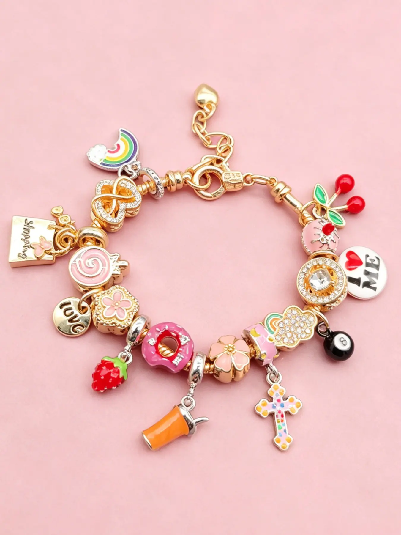 Cute Rhinestone Strawberry Cross Pendant Bracelet, Heart Flower Cloud Cake Donut Lollipop Charm, Charm Bracelets, Women's Daily Jewelry, Aesthetic Jewelry, Gift for Valentine's Day
