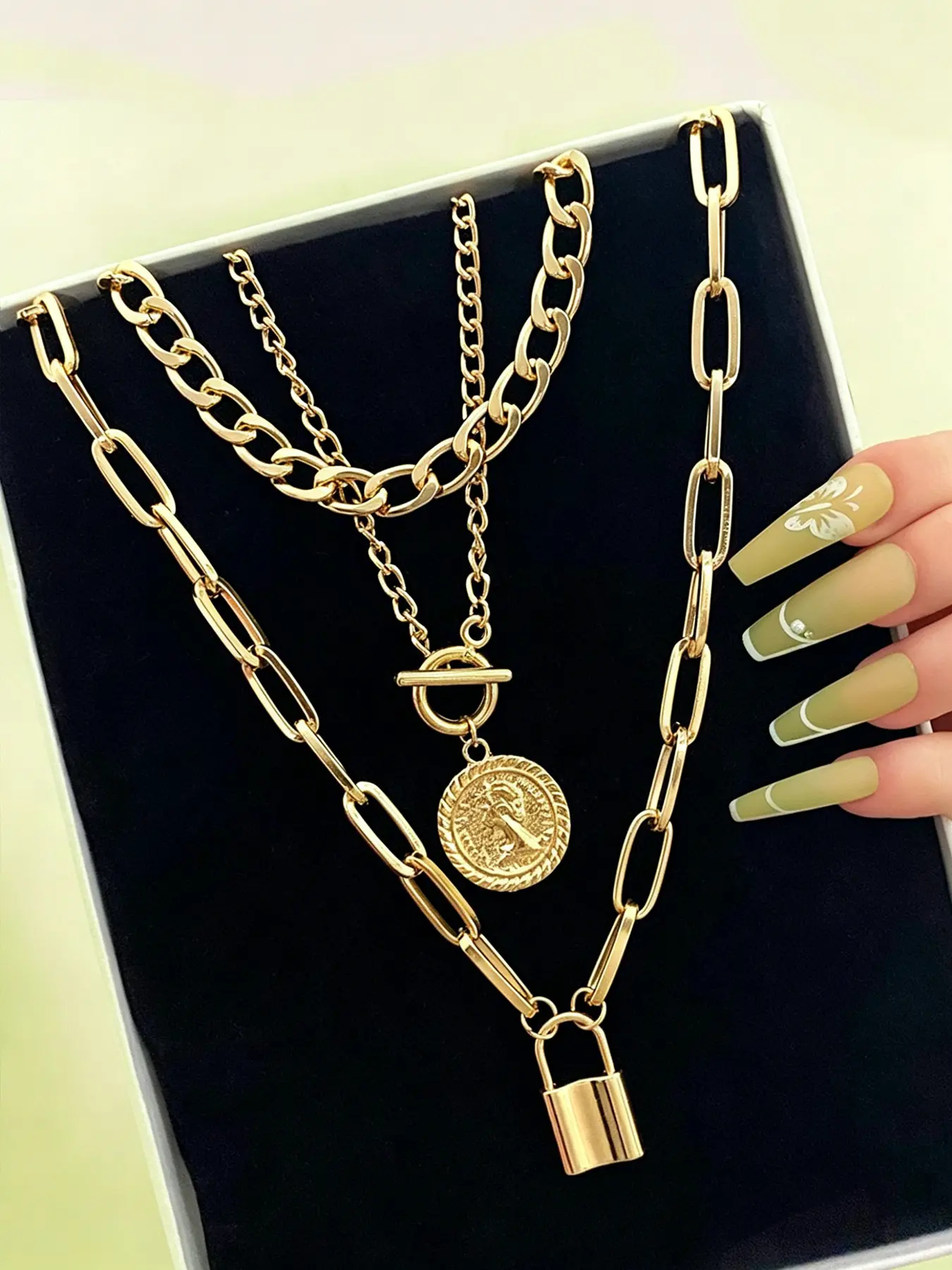 3 Layer Gold Chain Necklace Set, Assorted Necklaces, Lock & Coin Pendant Stackable Necklaces, Chunky Paperclip & Figaro Chain, Hip Hop Punk Layered Jewelry, Statement Accessory for Women, Club Streetwear Party Necklaces, Engraved Coin Toggle Clasp