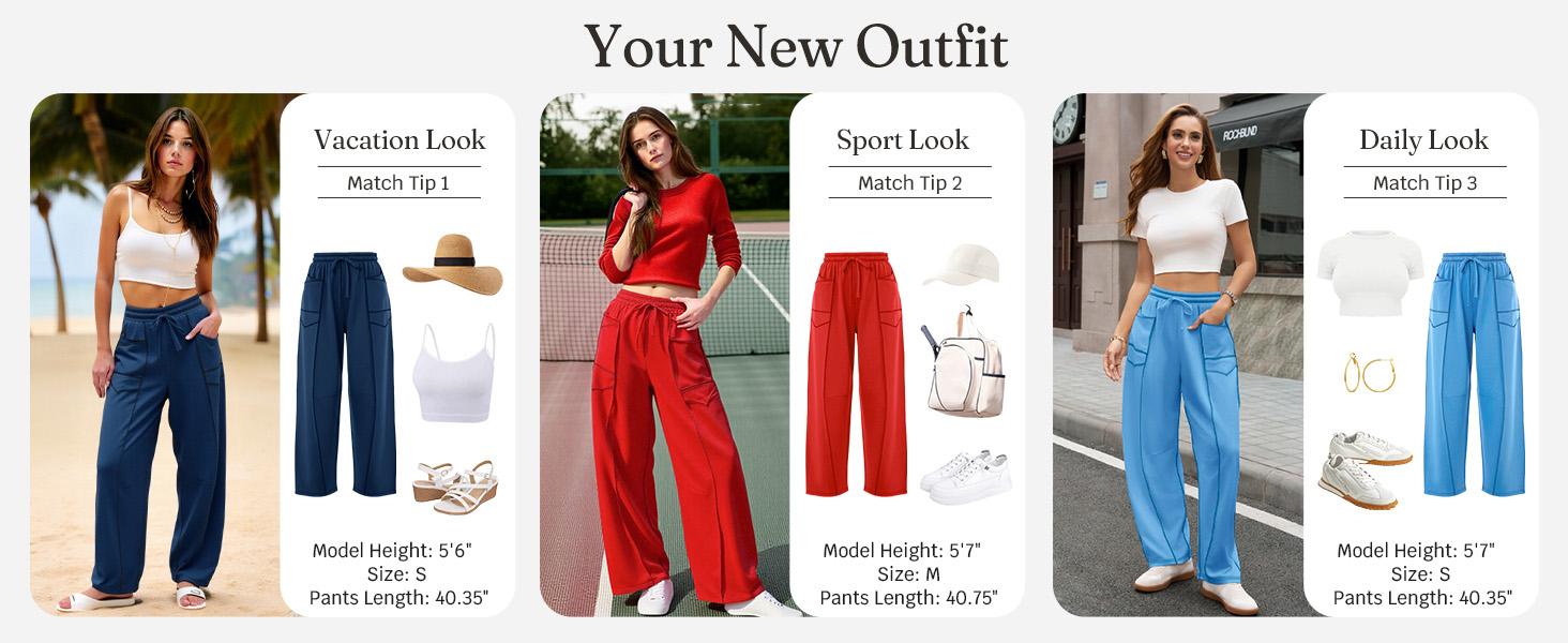 Aoysky Womens Baggy Barrel Wide Leg Pants Casual Drawstring Elastic Waist Contrast Stitch Workout Sweat Pants with Pockets