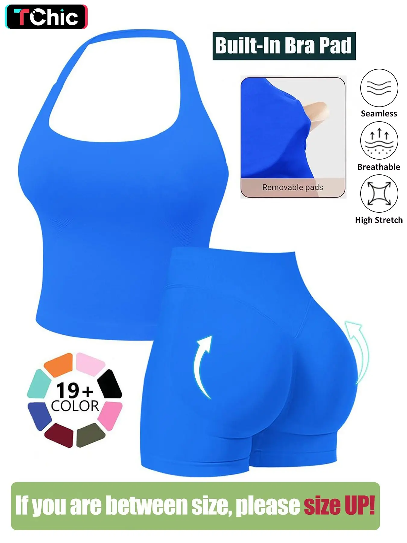 Seamless Workout Sets for Women, Halter Tank Top & Gym Scrunched Shorts Sports Set, Sporty Breathable Quick Drying Outfits for Yoga Gym Workout Running, Ladies Sportswear for Summer, Exercise Clothing Set