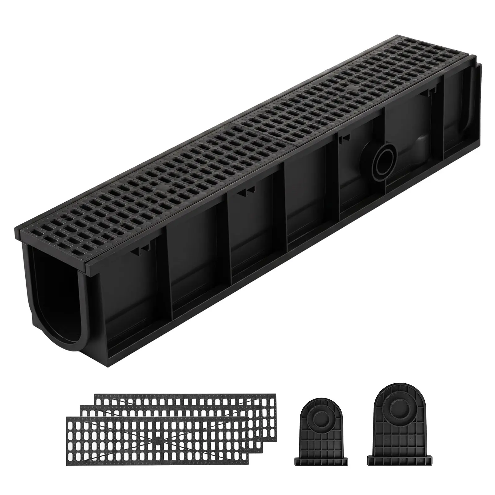 VEVOR Trench Drain, 40.1x 6.1x 8.0 in, 4 Pack Linear Drainage Channel, HDPE Channel Drain with Grates End Caps, Premium Outdoor Drainage System for Driveway, Patio, Pool, Garden, Yard, Black