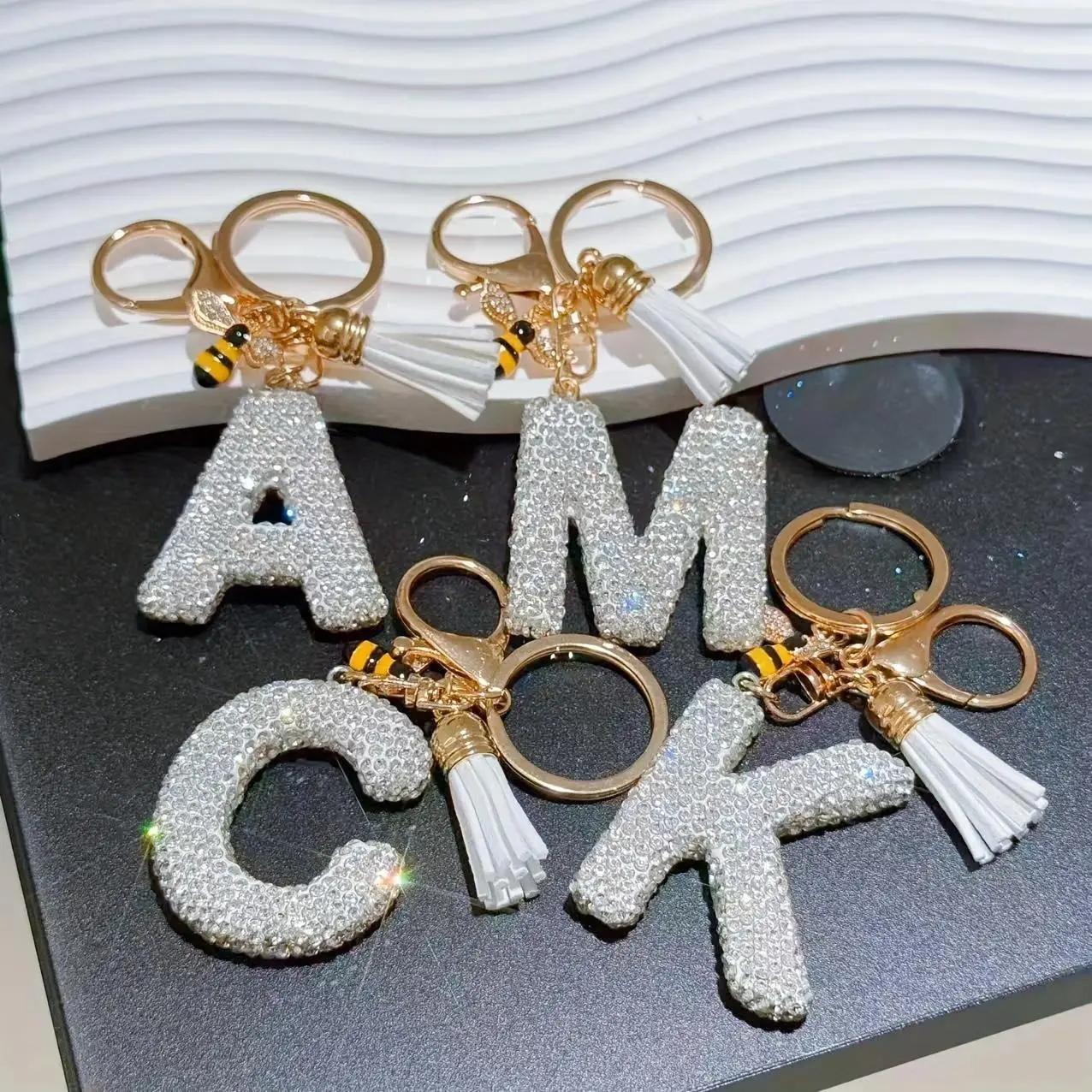 Women's Personalized Glitter Keychain - Shimmering Rhinestones, Initial Charm, Cute Bee Charm, Tassel, Metal Base, Versatile Attachment, Birthday/Graduation Gift, Sports & Outdoor Accessory for Luggage, Backpacks, Keys