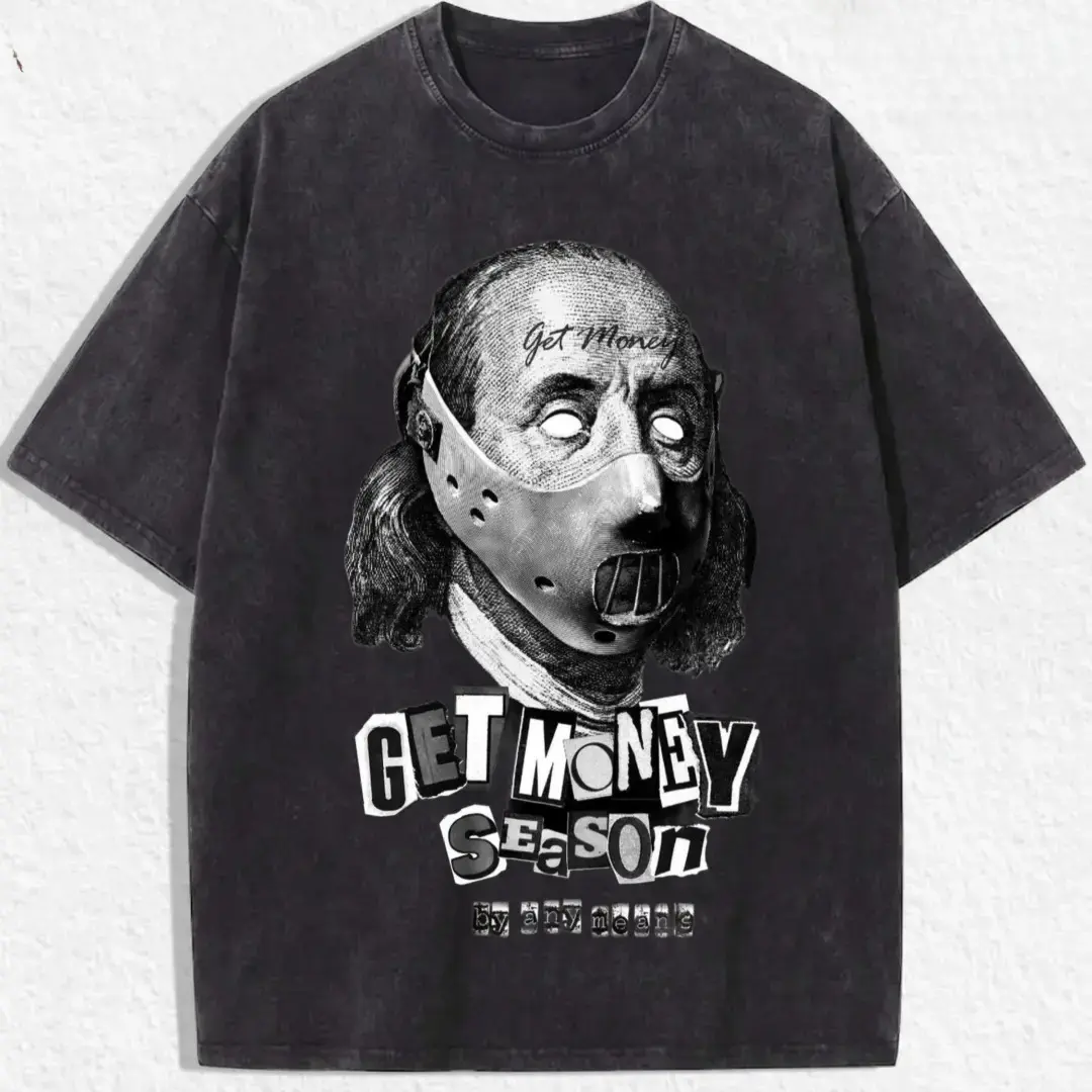 Vintage Acid Washed Black Single Sided Graphic Tee Men Women Retro Masked Benjamin Franklin Get Money Season Graphic Loose Breathable Short Sleeve Street Shirt For Y2K Nostalgia Aesthetic Casual Daily Hangout Party