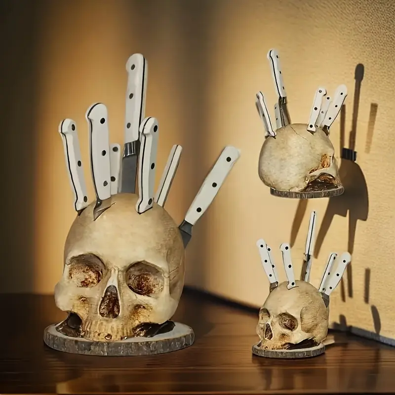 Skull-shaped kitchen knife holder and fruit storage rack; spooky kitchen decor; grey skull stand; suitable for horror-themed parties; Kitchenware