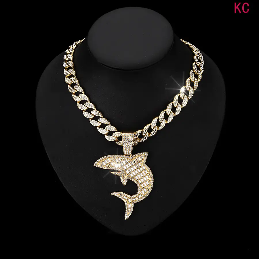 Shiny Shark Pendant Necklace With Iced Cuban Chain, Unisex Hip Hop Neck Jewelry For Daily Streetwear Styling Matching Accessory