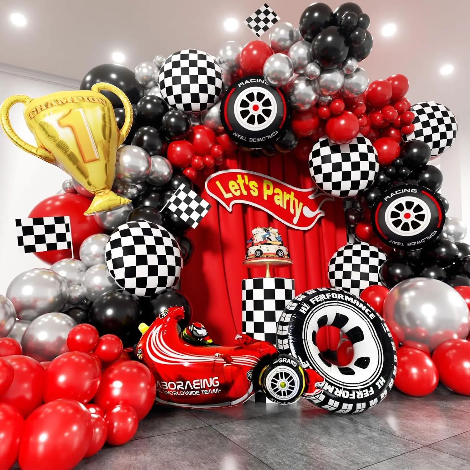Race  Balloons Arch Kit -Trophy, Flags, , Tire, Checkered, Wheels and Red Black  Balloon Garland Kit for Racing  Theme Two  2nd Boy Birthday Anniversary Party Decorations