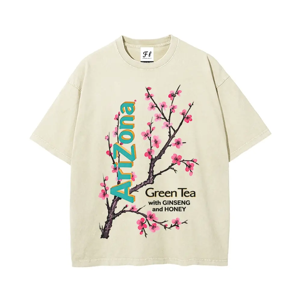 Men's Arizona Green Tea Cherry Blossom Oversized Vintage Washed Round Neck Casual T-Shirt, Unisex Tops