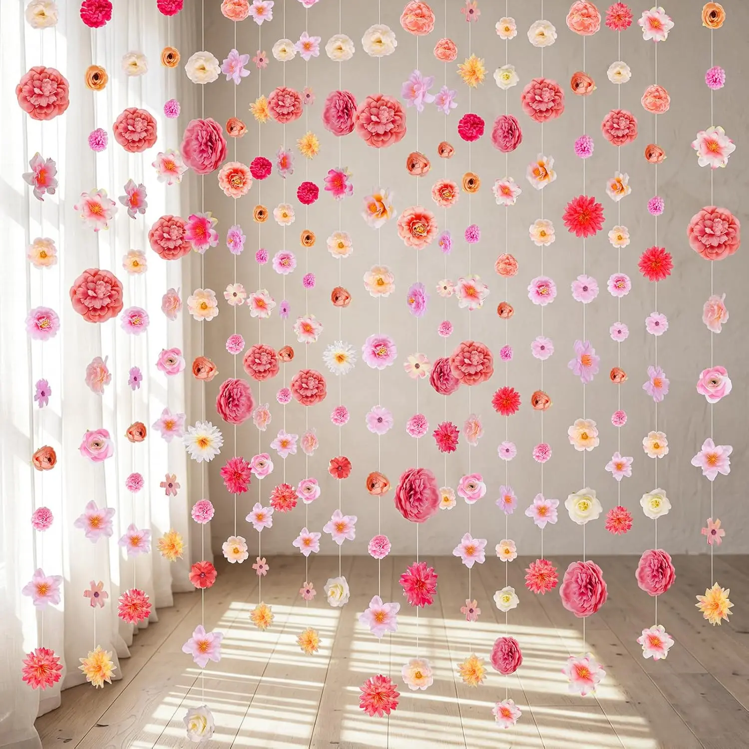 6 Pcs 39.4 Ft Flower Garlands for Backdrop, Artificial Hanging Pink Wildflower Faux Silk Rose Fake Vines Floral Decorations for Party Wedding Bridal Shower Home Garden Wall Arch Decor