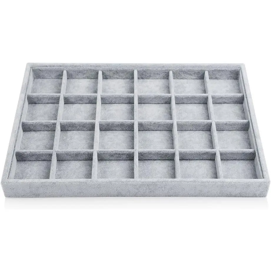 24-Grid Ice Velvet Vanity Jewelry Drawer Organizer Tray, Stackable with Adjustable Removable Compartments for Ring, Earring Storage Display