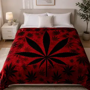 1pc Flannel Fabric Blanket - Heavy-Duty Quilted 1-Piece Bedspread with Black & Red Hemp Leaf Pattern, Ultra-Soft All-Season Bed & Couch Throw, Halloween Home Decor, Warm Haven Textiles Home & Travel Gift