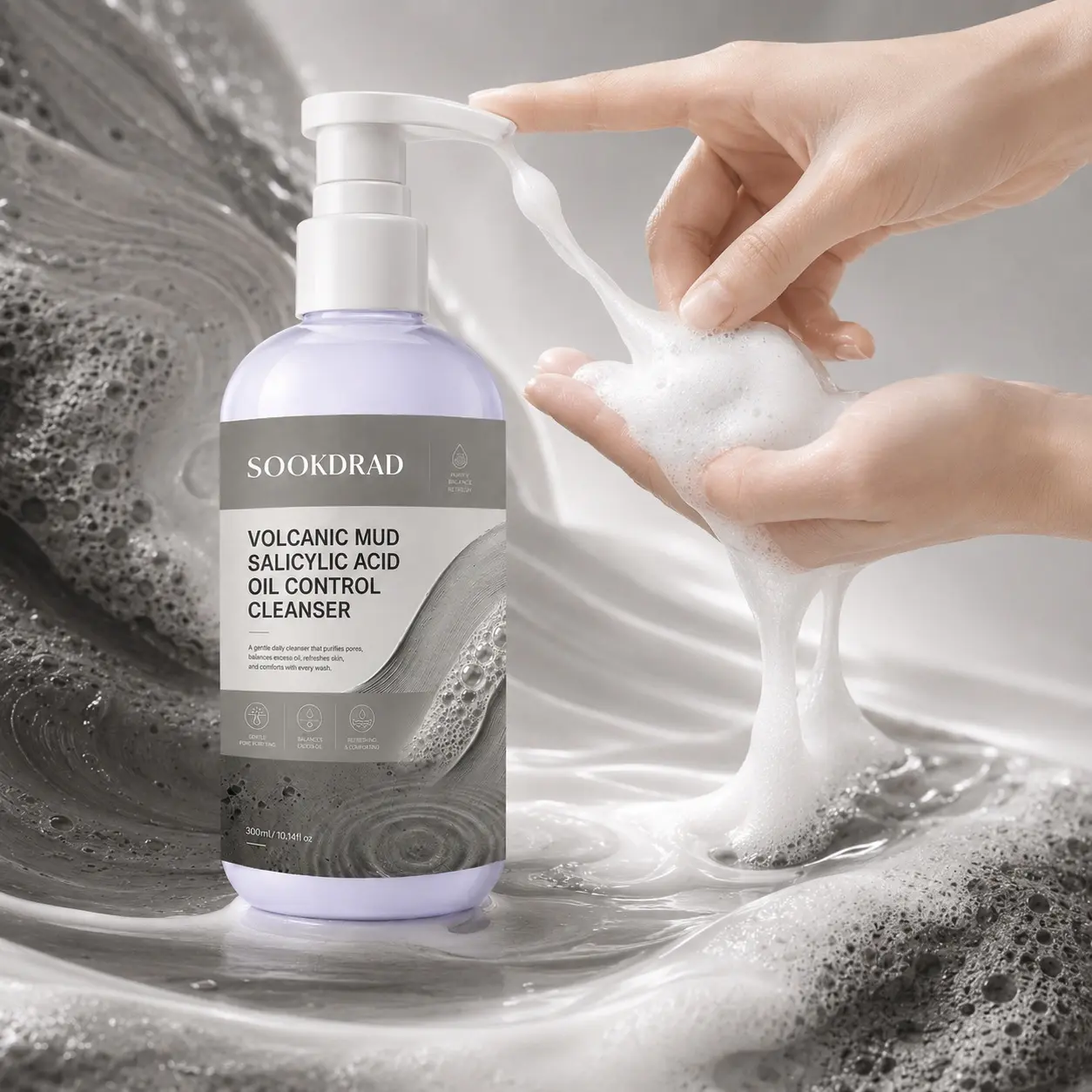 Oil Control Cleanser, Volcanic Mud, Salicylic Acid, gentle, purifies pores, balances excess oil, refreshes skin, comforting, for face, daily cleansing, for oily skin, 300ml/10.14fl oz