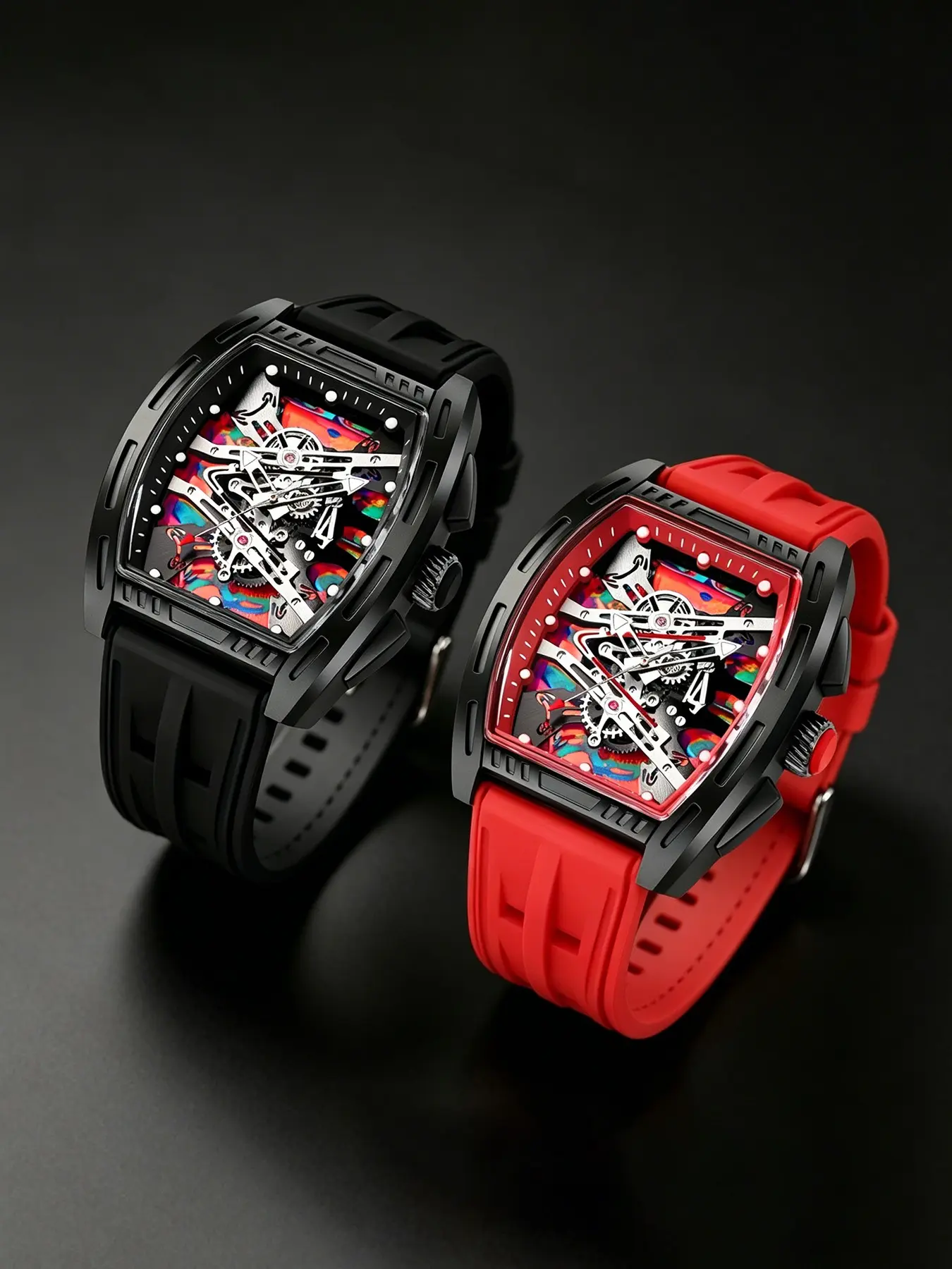2 Pcs Men's Barrel Watch, Mechanical Quartz, Analog Quartz Watches, Street Style, Hollow Out, Dual Dial, Silicone Strap, Casual, Sporty, Hip Hop, Versatile