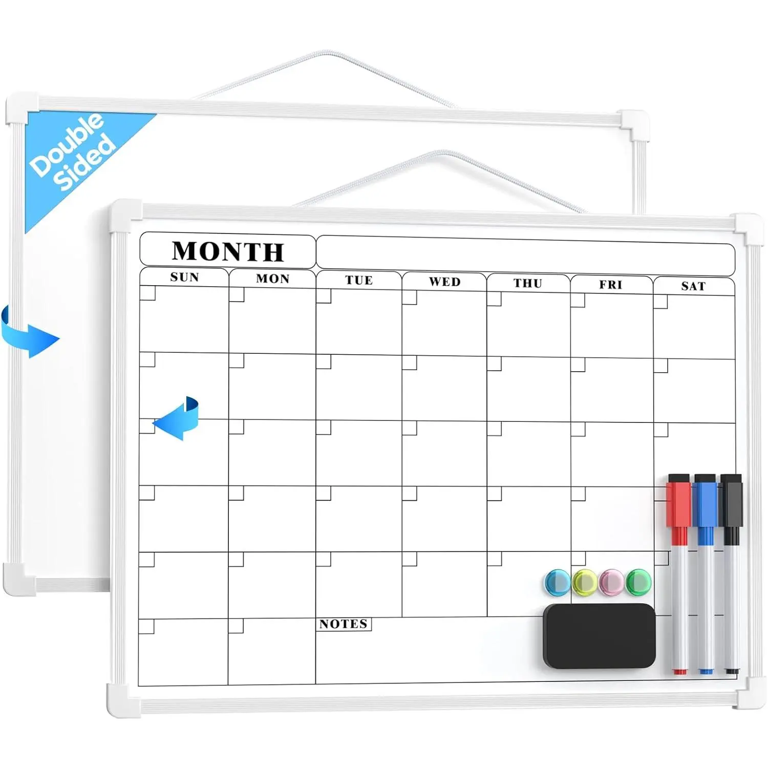 Double-Sided Wall Mount Monthly Calendar Dry Erase Board, 16"x12" White Frame, Portable Small Whiteboard with Double Sided Tape for Calendar Use, Planning, Kitchen