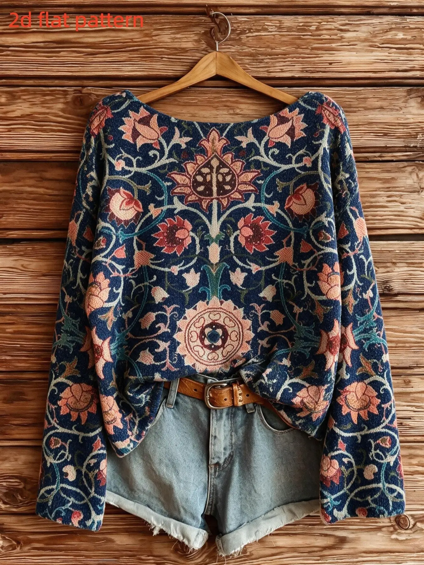 Women's Long Sleeve Top, Floral Pattern Digital Print, Bohemian Boho Fashionable Fall Winter Clothing, Trendy One-Shoulder Design, Casual Ladies' Shirt