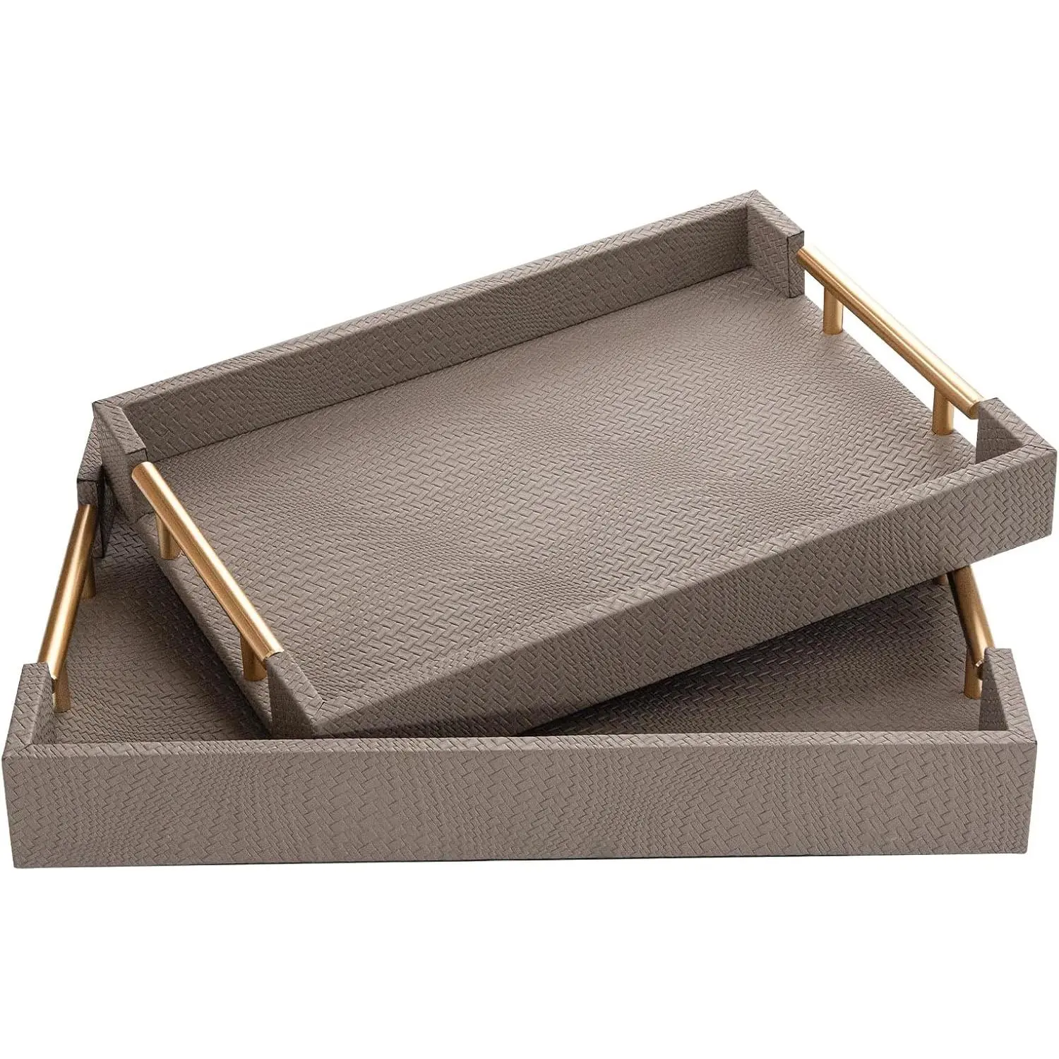 2 Piece Woven Leather Ottoman Tray with Gold Handles, Perfect Rectangular Serving Tray for Living Room, Coffee Table Tray as Thoughtful Gift for Home Decor Enthusiasts (Coffee Brown)