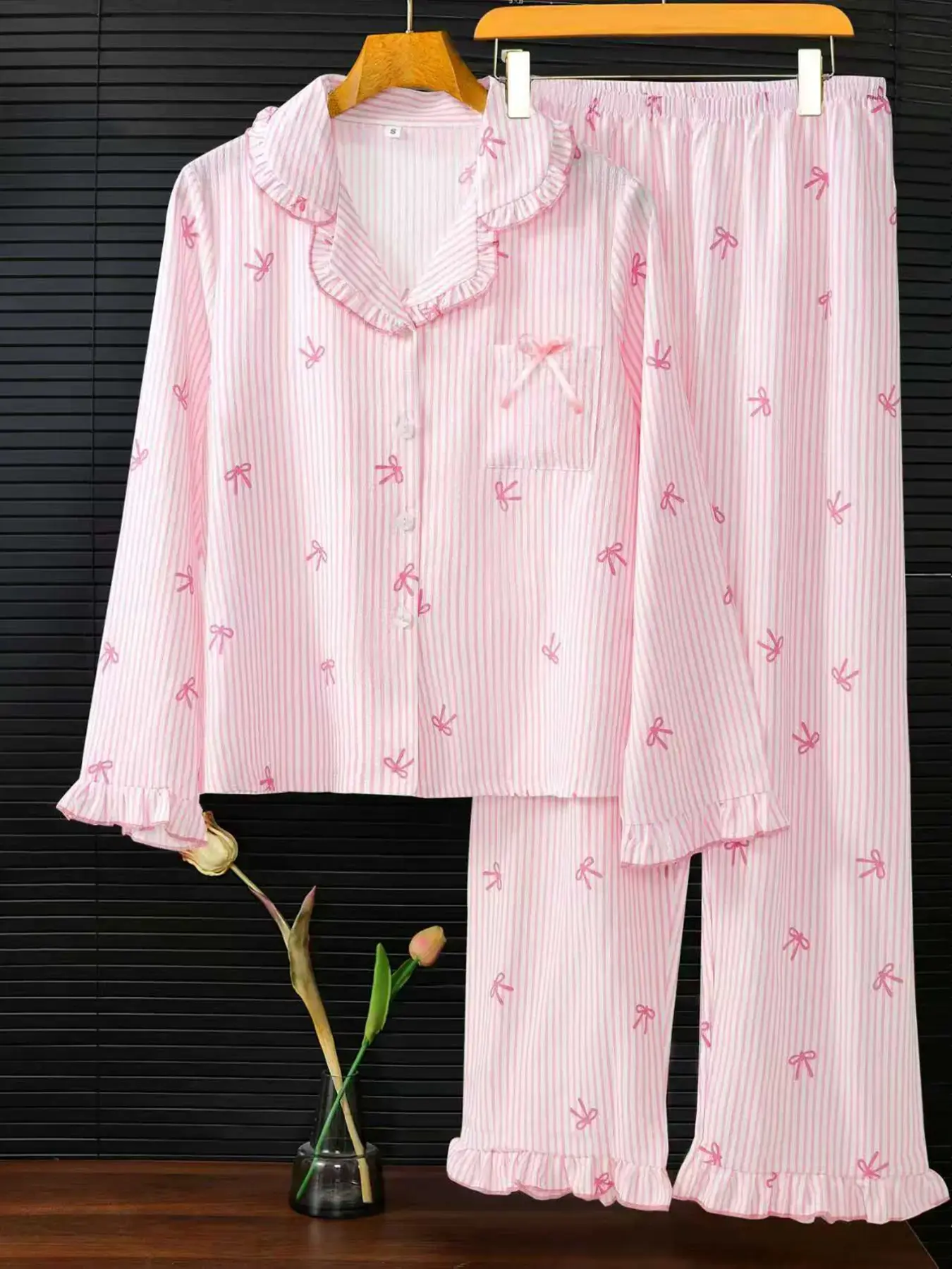 Women's Sleepwear Set, Long Sleeve, Breathable Striped Bow Design, Sweet, Cute & Fashionable Home Wear, Comfortable Pajama for Women, Loungewear, Homewear, Pjs, Ladies Loungewear