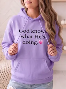Women's Fashion Hooded Sweatshirt, God Knows What He's Doing Print, Drawstring Kangaroo Pocket, Fall Winter Casual Sports Top