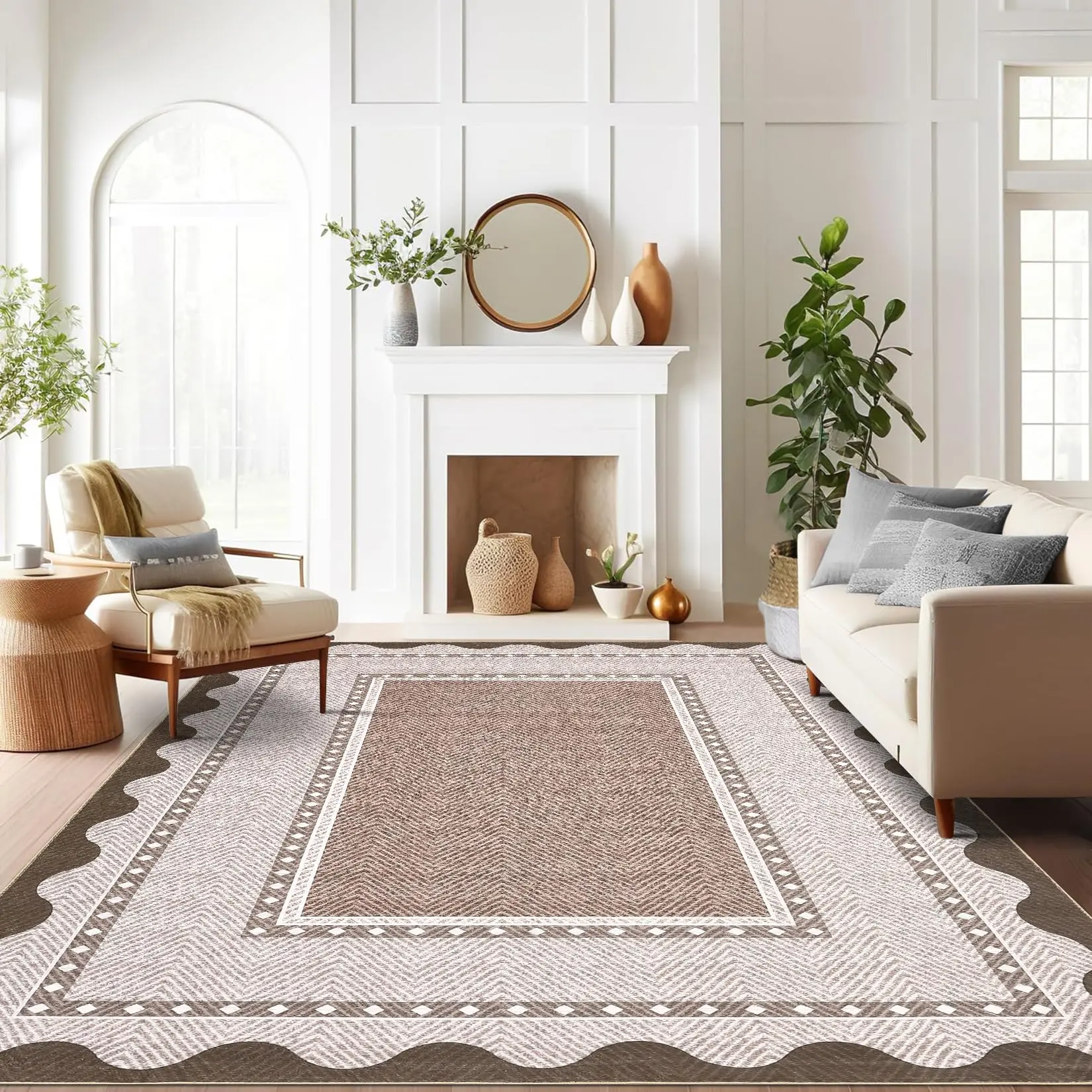 Garvee Border Washable Area Rug 8x10 Living Room Rugs Modern Neutral Stain Resistant Rugs for Bedroom Nursery Non Slip Soft Low Pile Scalloped Carpet for Dining Room Farmhouse Office Dorm, Brown