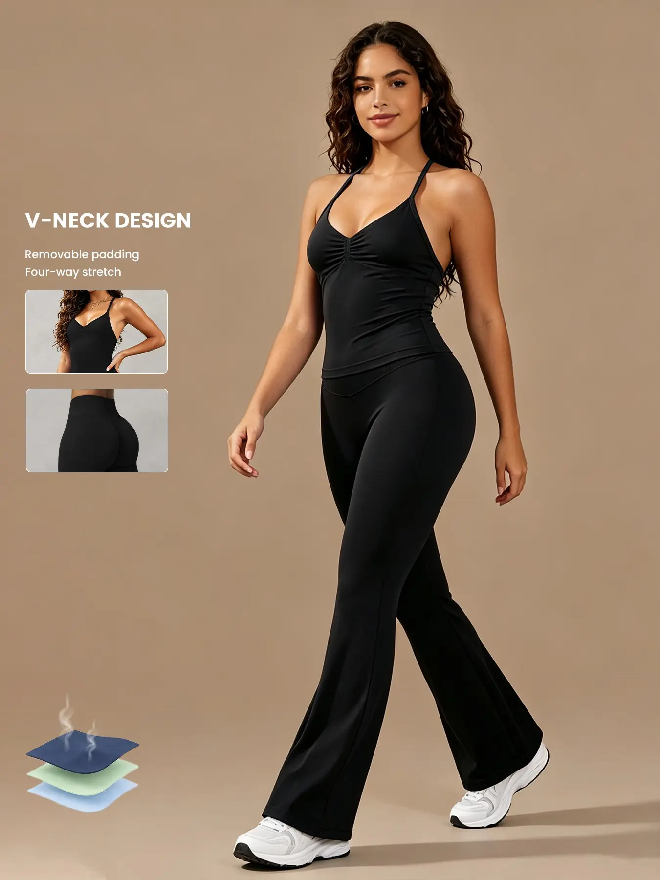 Women's Sport Bra Set + High Waist Micro Flare Pants, Detachable Pads, High Elasticity Butt Lifting Gym Wear, Casual Fitness