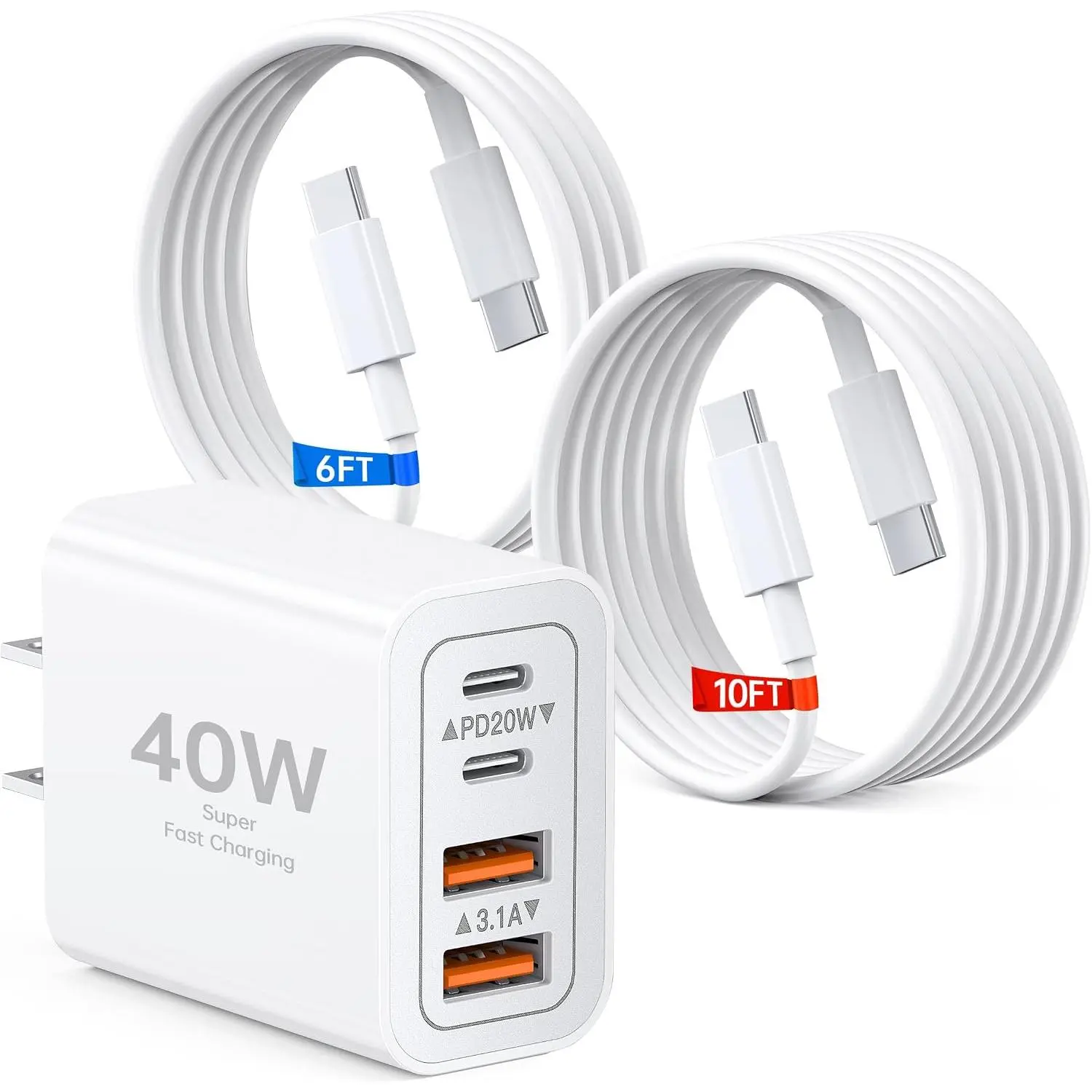 40W USB C  Charger Block, 4-Port PD+QC Multiport Wall Charger Cube with 6FT & 10FT USB C , Type C Power Adapter for  17/16/15/14/13 Pro Max,  S26/S25/S24 Ultra,Tablets