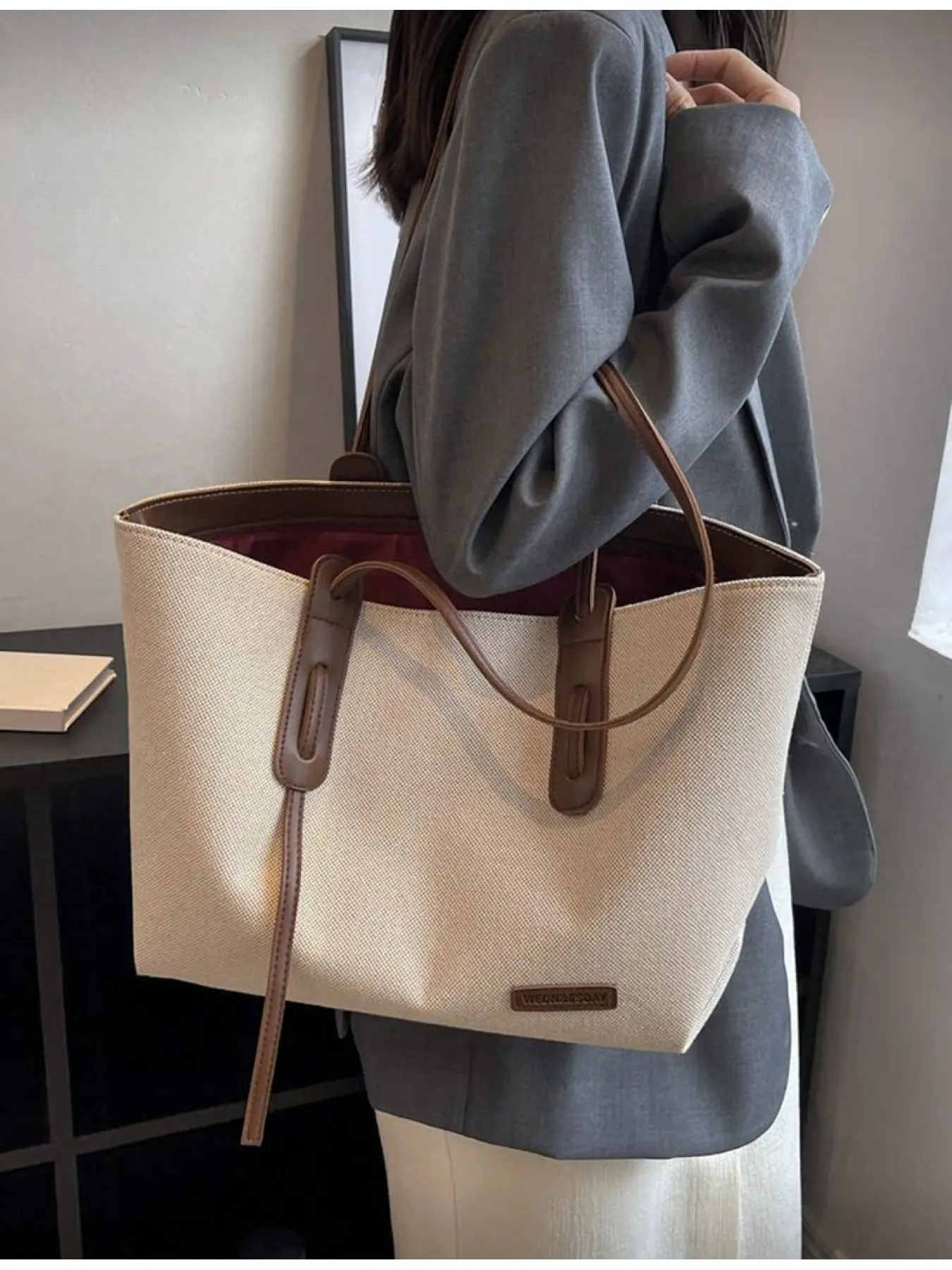 Beige Brown PU Leather Women Handbag Fashion Simple Large Capacity Color Block Zipper Closure Multifunctional Tote Bag for Daily Commute Work School Casual Travel Retro Style